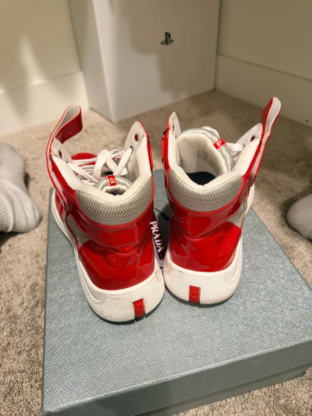 Prada Men Red and White High-Top Sneakers - Picture 2 of 5
